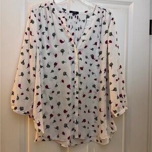 NYDJ White Blouse with Red and Green Floral Pattern